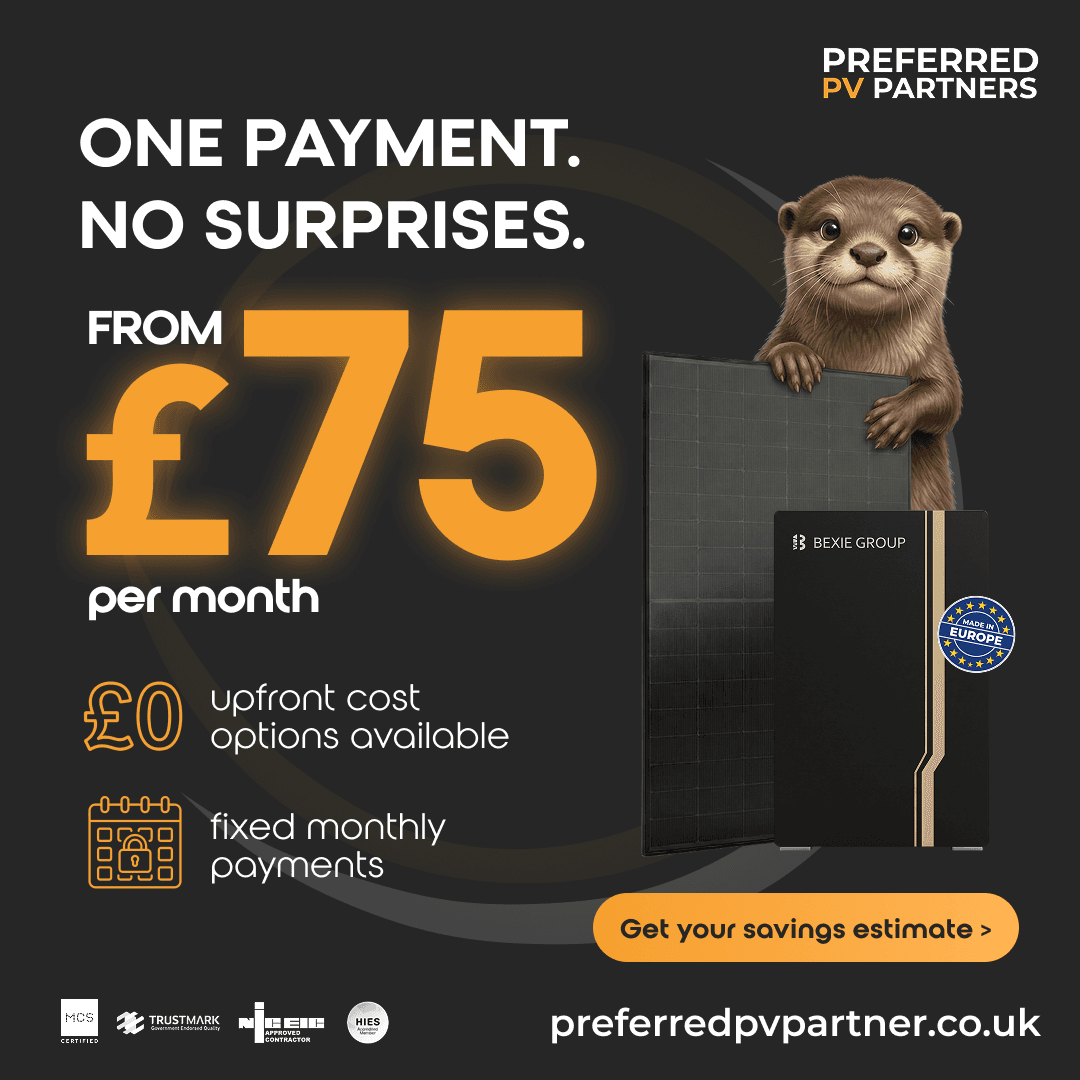 Solar from £75 / month, Finance-anchored solar