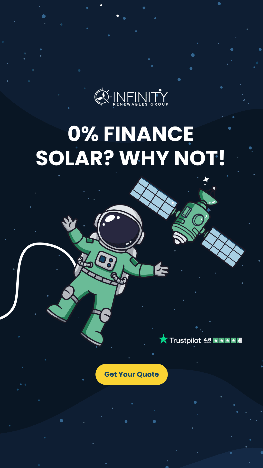 Infinity Renewables Group 0% finance solar advertisement with space theme